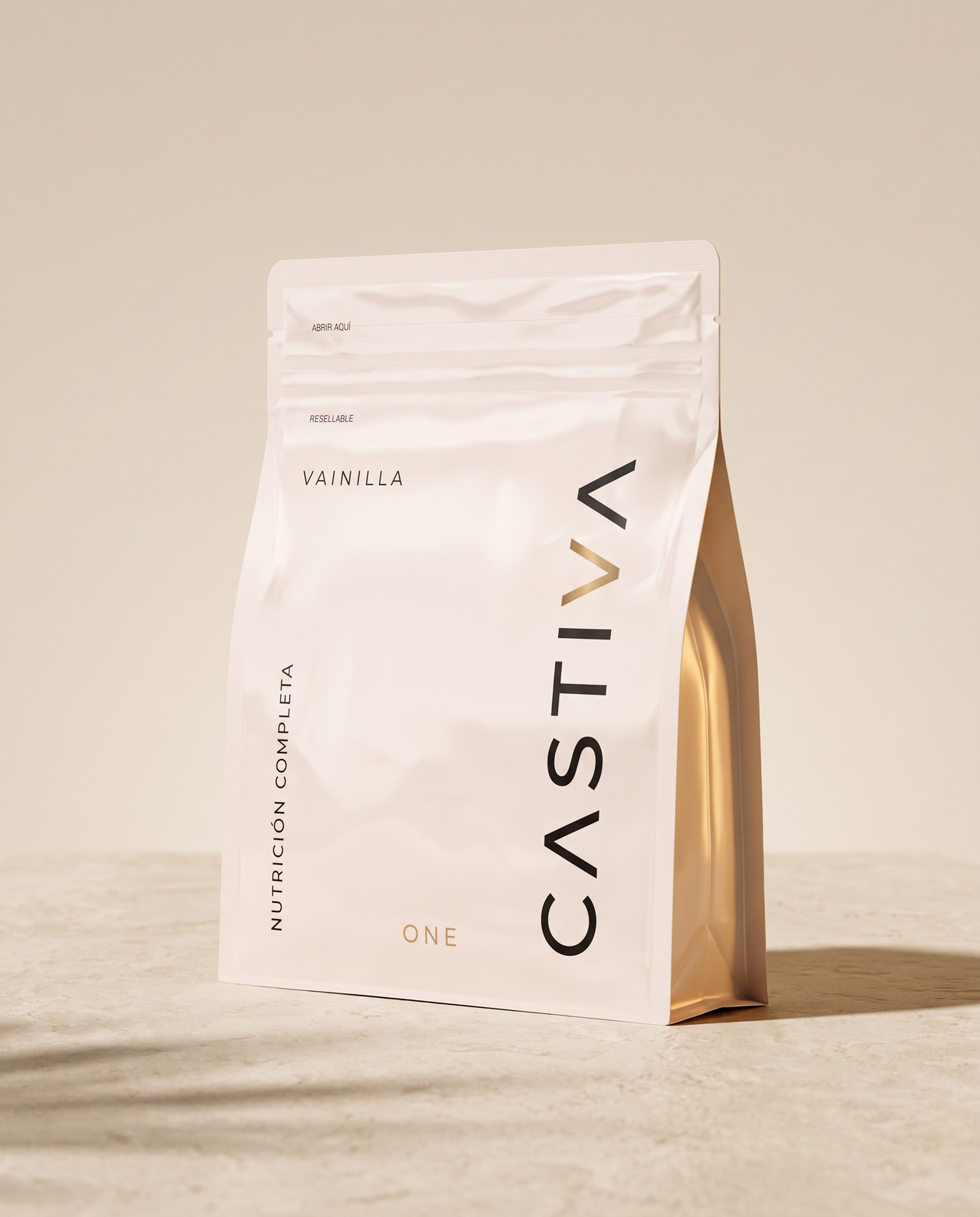 Render de referencia del empaque CASTIVA ONE sabor vainilla